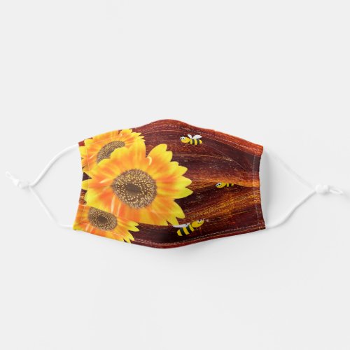 Sunflowers yellow orange bees rustic wood wall adult cloth face mask