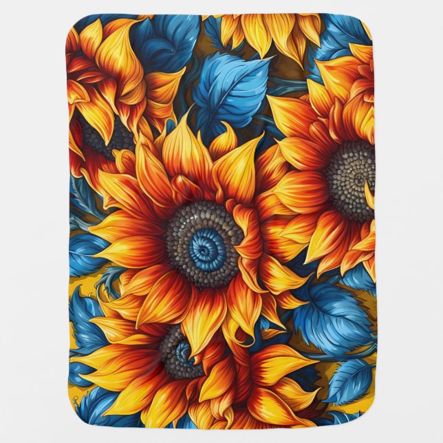 Sunflowers yellow red and Blue Baby Blanket (Front)