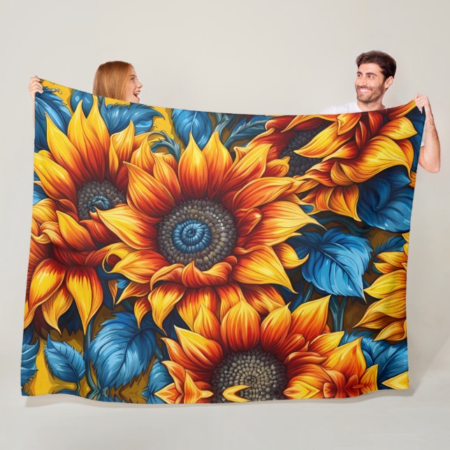 Sunflowers yellow red and Blue Fleece Blanket (In Situ)