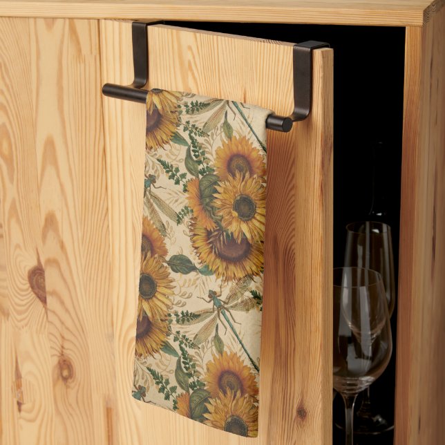 Sunflowers Yellow Tan Dragonflies Floral Kitchen Towel (Thirds Fold)