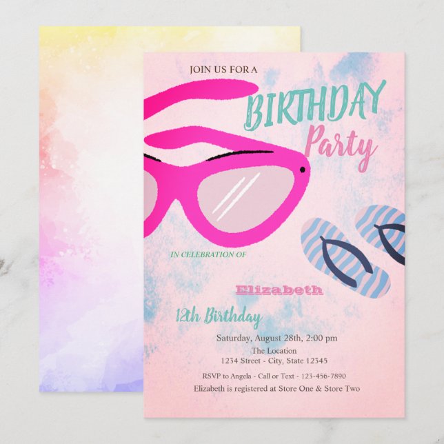 Sunglass Flip flops Summer Birthday Party  Invitation (Front/Back)