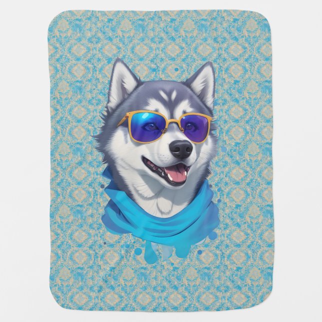 Sunglass-Wearing Husky Dog in Playful Splash Baby Blanket (Front)