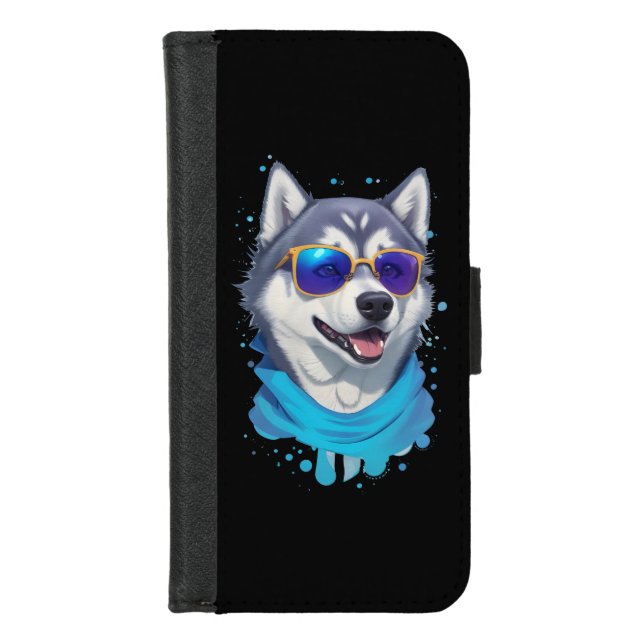 Sunglass-Wearing Husky Dog in Playful Splash iPhone Wallet Case (Front)