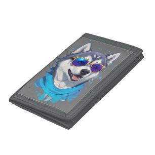 Sunglass-Wearing Husky Dog in Playful Splash Trifold Wallet