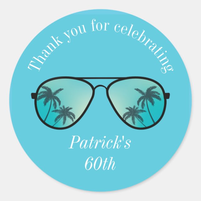 Sunglasses and Palm Trees blue Classic Round Stick Classic Round Sticker (Front)