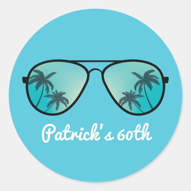 Sunglasses and Palm Trees blue Classic Round Sticker (Front)