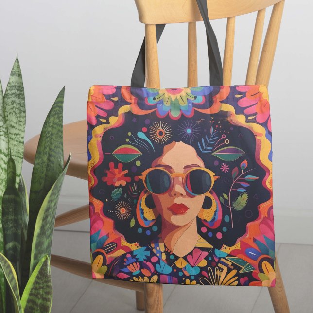 Sunglasses and Sass Tote Bag (The design shows a confident woman in bold colors and cool patterns, rocking stylish sunglasses.)