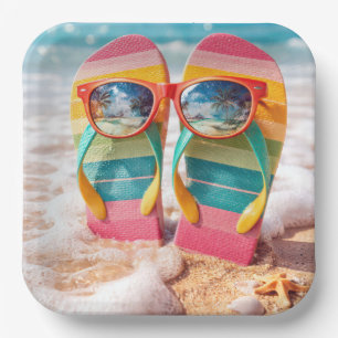Sunglasses On Flip-flops In Beach Sand Paper Plates
