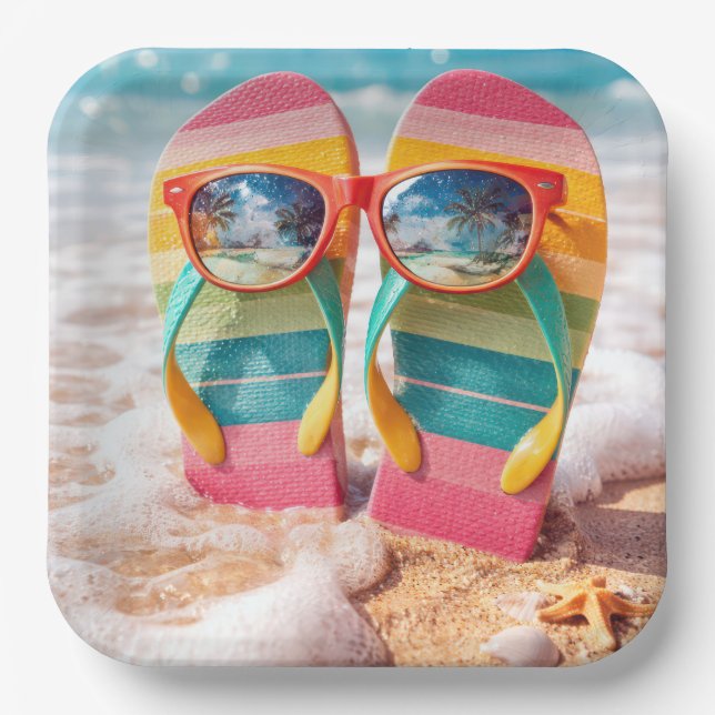 Sunglasses On Flip-flops In Beach Sand Paper Plates (Front)