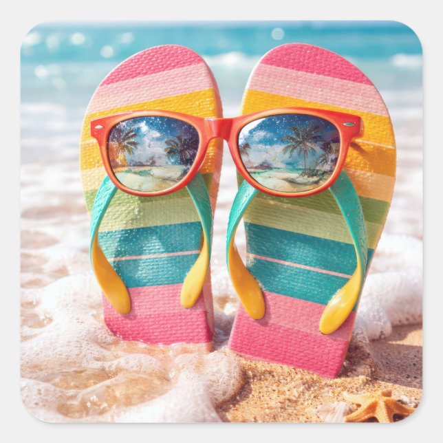 Sunglasses On Flip-flops In Beach Sand Square Sticker (Front)