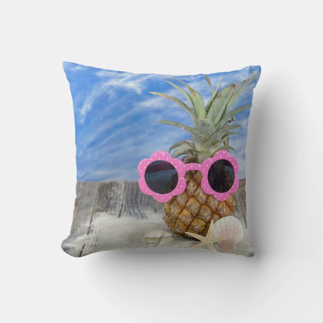 sunglasses on pineapple with seashells throw pillow (Front)