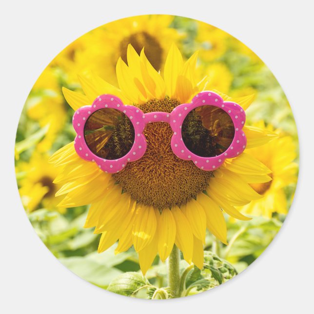 Sunglasses On Sunflower Classic Round Sticker (Front)