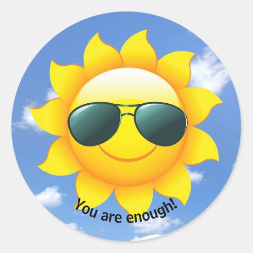 Sunglasses on yellow sun in sky with quote classic round sticker