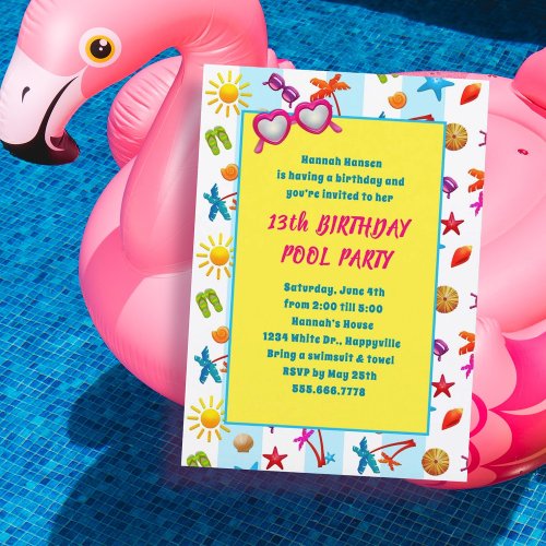 Sunglasses Summer Birthday Pool Party  Invitation