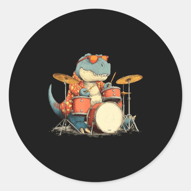 Sungles Rockstar Dinosaur With Cool Drums Costume  Classic Round Sticker (Front)
