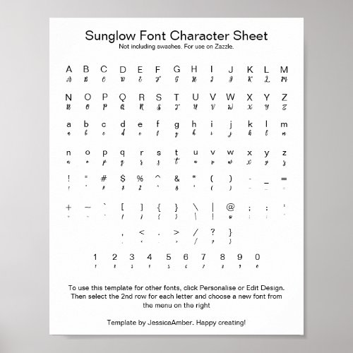 Sunglow Font Character Sheet for Zazzle V12 Poster