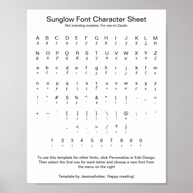Sunglow Font Character Sheet for Zazzle V1.2 Poster (Front)