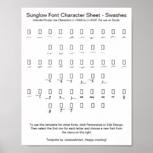 Sunglow Font Character Sheet Swashes for Zazzle Poster