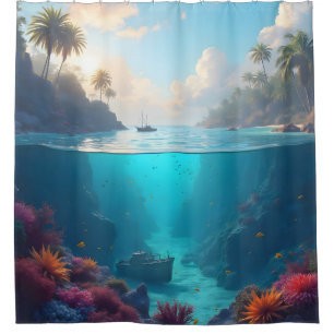 Sunken ship in a beautiful coral reef meditate shower curtain