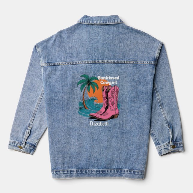 Sunkissed Cowgirl Western Boots Retro Sun Waves Denim Jacket (Back)