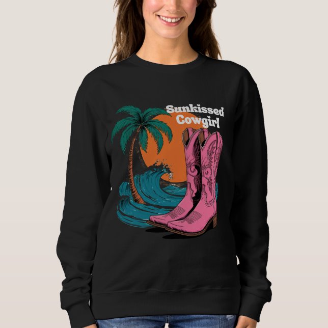 Sunkissed Cowgirl Western Boots Retro Sun Waves Sweatshirt (Front)