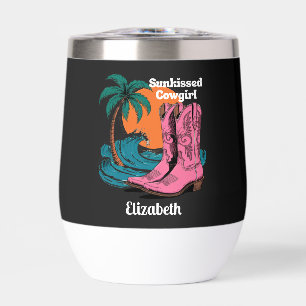 Sunkissed Cowgirl Western Boots Retro Sun Waves Thermal Wine Tumbler