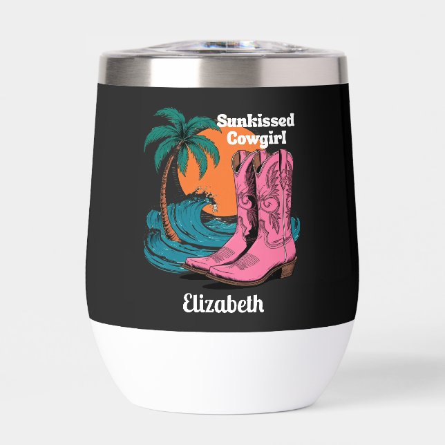 Sunkissed Cowgirl Western Boots Retro Sun Waves Thermal Wine Tumbler (Front)