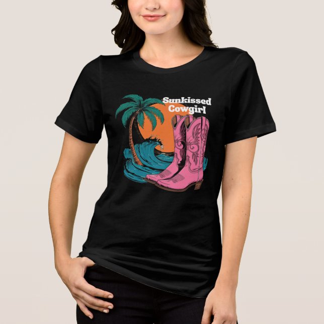 Sunkissed Cowgirl Western Boots Retro Sun Waves Tri-Blend Shirt (Front)