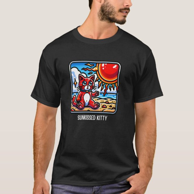 Sunkissed Kitty - Adorable Red Cat Beach Cartoon T-Shirt (Front)