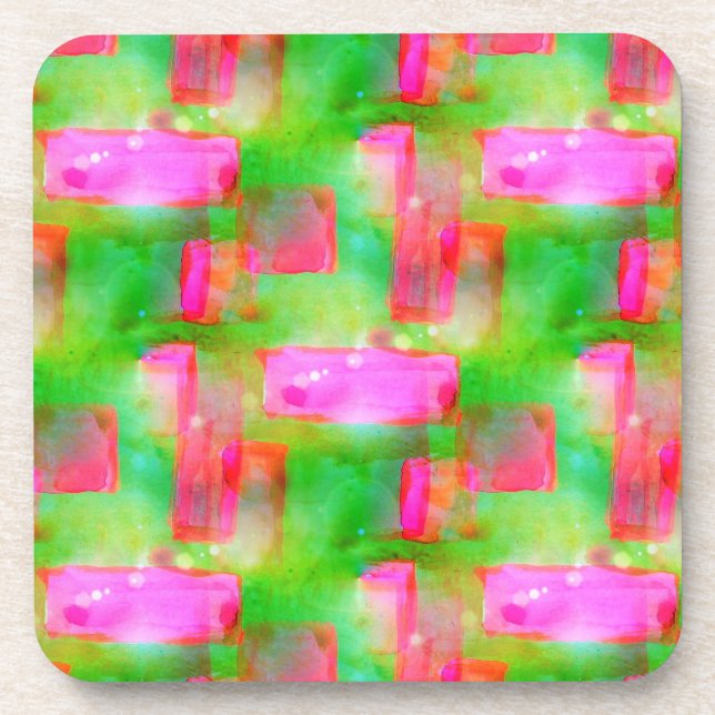 Sunlight abstract painted yellow, pink drink coaster (Front)