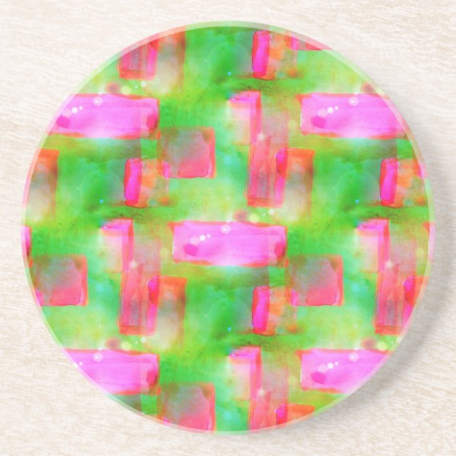 Sunlight abstract painted yellow, pink drink coaster (Front)