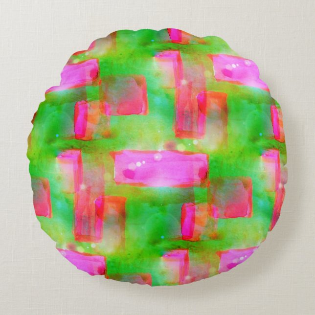 Sunlight abstract painted yellow, pink round pillow (Front)