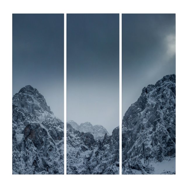 Sunlight and dark clouds over snowy mountains triptych (Front)