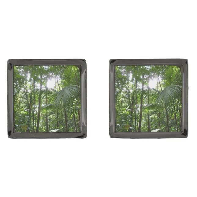 Sunlight Through Rainforest Canopy Tropical Green Gunmetal Finish Cufflinks (Front)