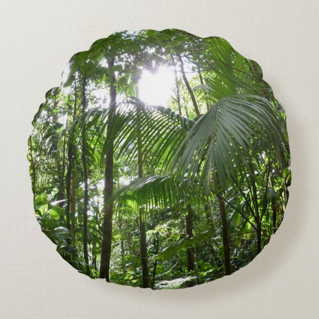 Sunlight Through Rainforest Canopy Tropical Green Round Pillow (Front)