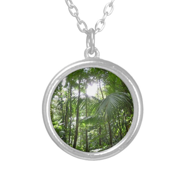 Sunlight Through Rainforest Canopy Tropical Green Silver Plated Necklace (Front)