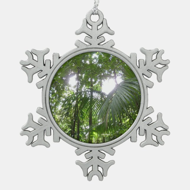 Sunlight Through Rainforest Canopy Tropical Green Snowflake Pewter Christmas Ornament (Front)