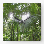 Sunlight Through Rainforest Canopy Tropical Green Square Wall Clock