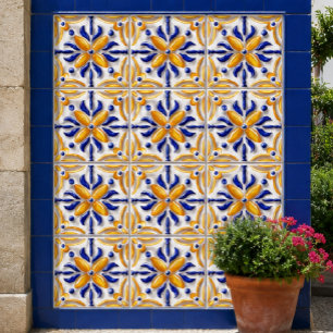 Sunlit Algarve Handcrafted Portuguese Blue Yellow Ceramic Tile