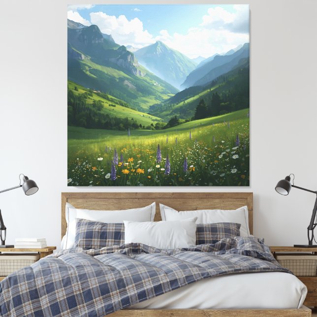 Sunlit Alpine Meadow – Scenic Mountain Canvas for  (Insitu(Bedroom))