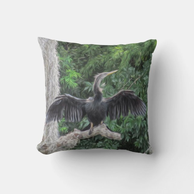 Sunlit Anhinga on a Mossy Branch  Throw Pillow (Front)