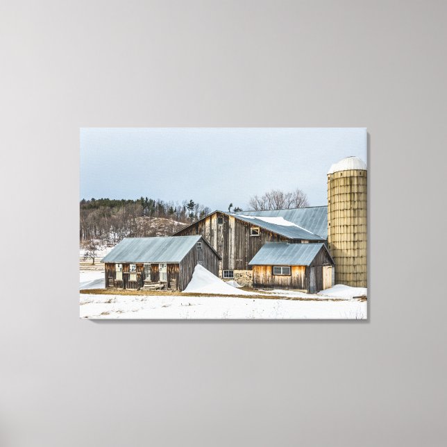 Sunlit Barns and Silos in Winter Canvas Print (Front)