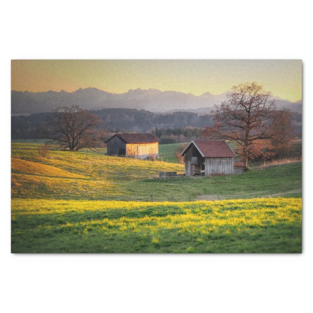 Sunlit Barns Nestled Amongst Green Hills Tissue Paper (Front)