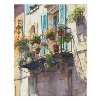 Sunlit Blue Shutter Balcony with Flowers Faux Canvas Print