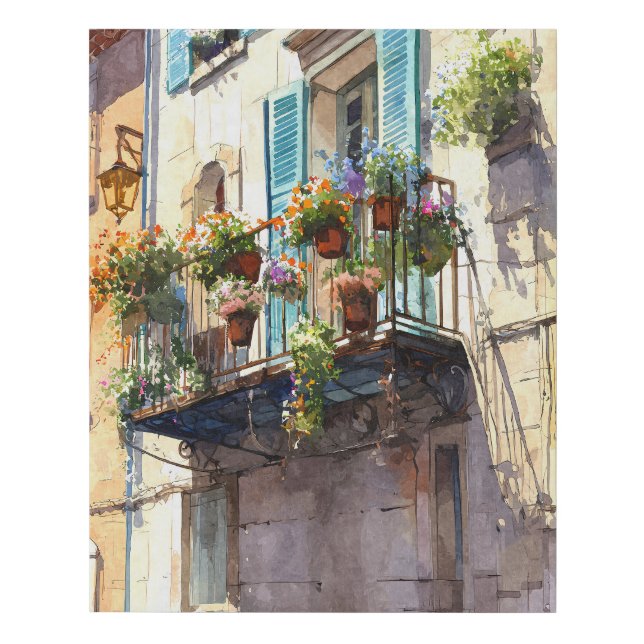 Sunlit Blue Shutter Balcony with Flowers Faux Canvas Print (Front)
