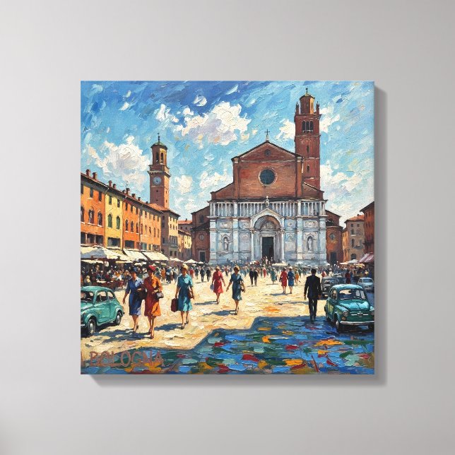 Sunlit Bologna Piazza Scene Canvas Art (Front)