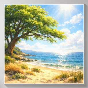 Sunlit Coastal Tree with Sparkling Sea Wall Art Canvas Photo Tile