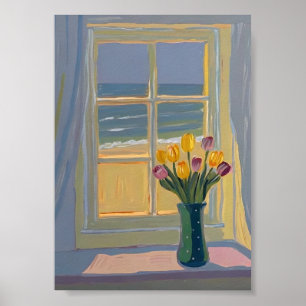 Sunlit Coastal Window View Impressionist Oil Paint Poster