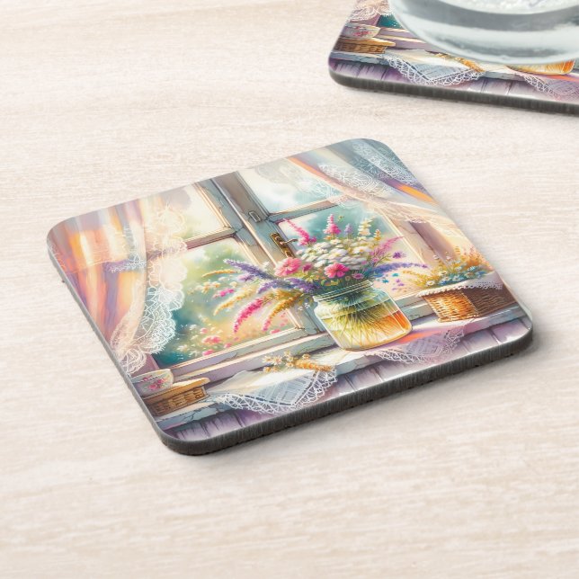 Sunlit Cottage Window Wildflowers Beverage Coaster (Left Side)