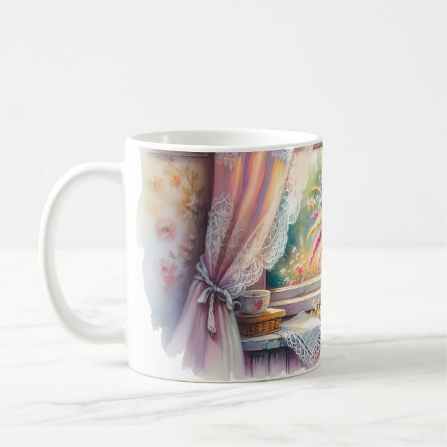 Sunlit Cottage Window Wildflowers Coffee Mug (Left)